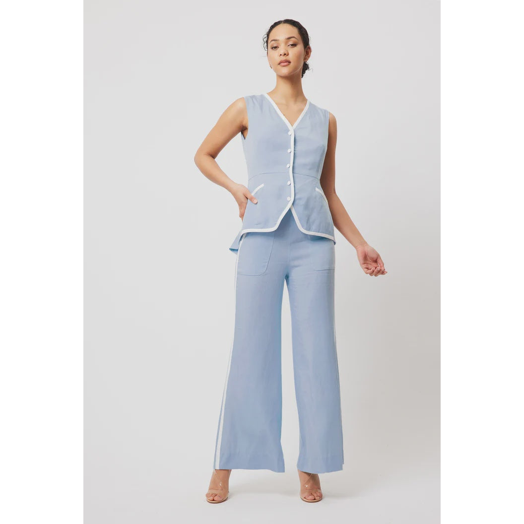 Once Was Grace Tencel Denim Contrast Trim Wide Leg Pant With D-Ring Belt - Chambray  Once Was Pisces Boutique