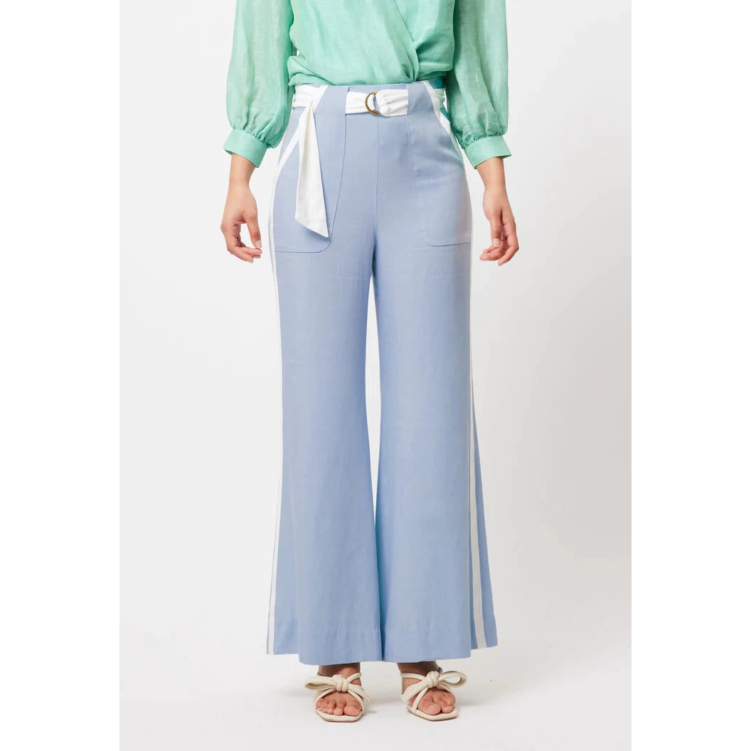 Once Was Grace Tencel Denim Contrast Trim Wide Leg Pant With D-Ring Belt - Chambray