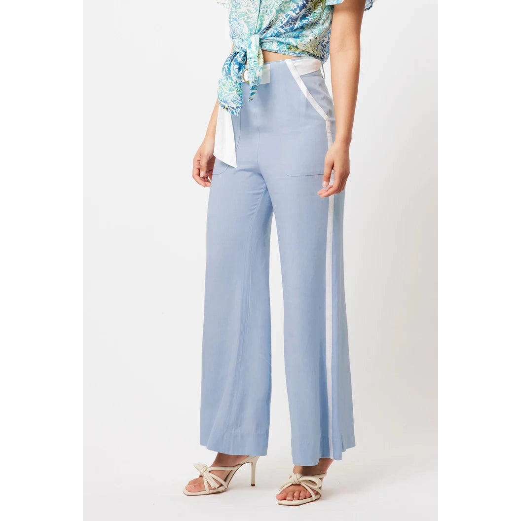 Once Was Grace Tencel Denim Contrast Trim Wide Leg Pant With D-Ring Belt - Chambray